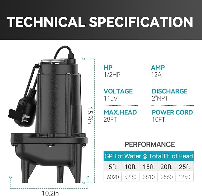 1/2 HP Sewage Pump, Cast Iron Effluent Pump, Automatic Float Switch, Sewage Sump Pump for Sump Basin, Basement, Residential Sewage, 2'' NPT Discharge, Black