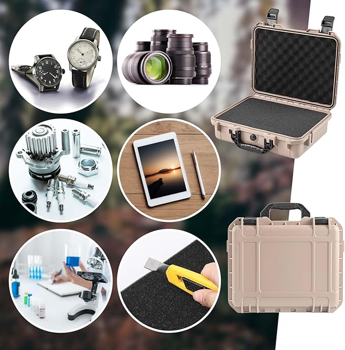 Relaxweex 1 Pcs Waterproof Hard Case with DIY Customizable Foam Insert Portable Protective Case with Knife for Camera Drones Equipments Tools Test Instruments(Tan,11.3 x 8.7 x 4.2 Inch)