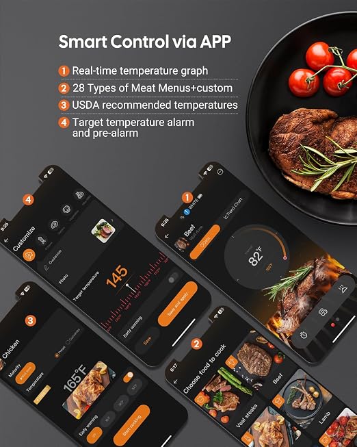 Wireless Meat Thermometer for Grilling and Smoking, Fitflavor 5G WiFi Meat Thermometer Bluetooth for Grill BBQ, Food Cook Oven Grilling - Dual Probes, Rechargeable