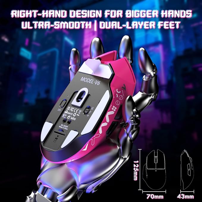 MAMBASNAKE×Attack Shark V6 65g Lightweight RGB Gaming Mouse with Magnetic Charging Dock, BT/2.4G Wireless/Wired 1K Polling Rate, 25K DPI, Programmable Mice for PC/Mac/Laptop(Berry&Stickers)