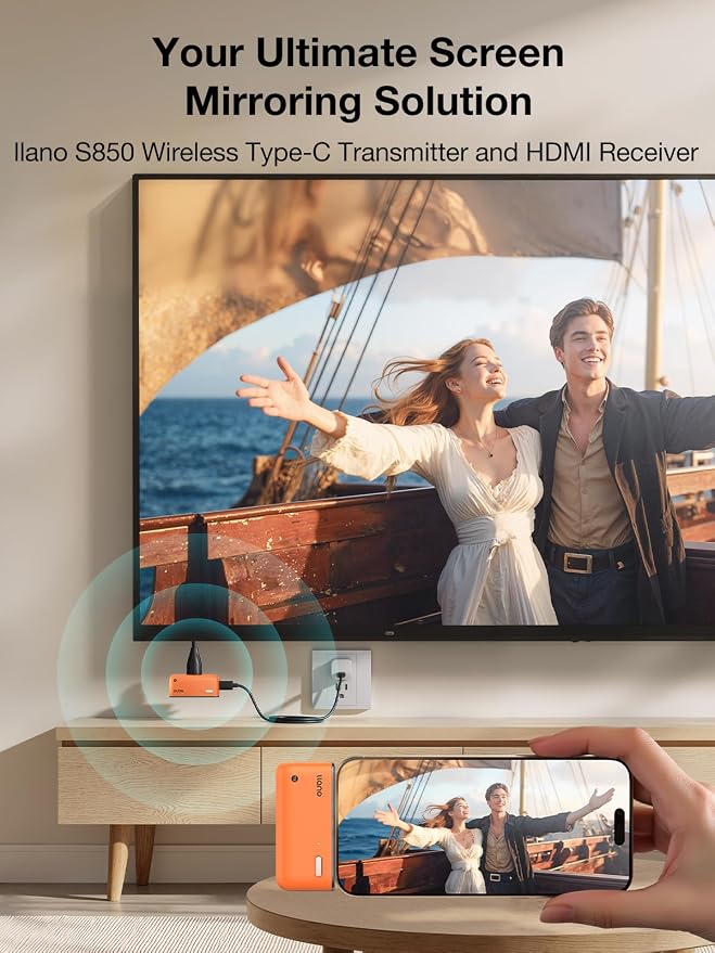 llano S850 Upgraded Type-C Wireless HDMI Transmitter and Receiver,Ultra 4K Decode Input 1080P@60Hz Output, Plug&Play 5G+2.4G and Audio for Phone/Tablet/Laptop/PC to Monitor/Projector/TV (Orange)