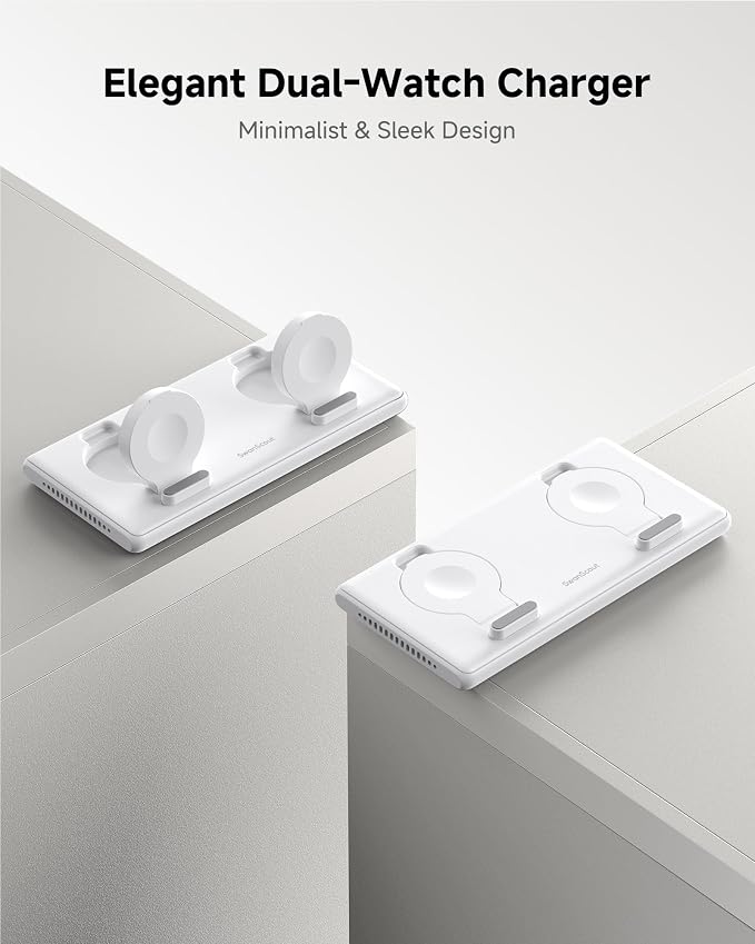 SwanScout Dual Charger for Apple Watch 11/Ultra 3/SE 3/Ultra 2/Ultra/SE 2/SE/10/9/8/7/6/5/4/3/2, Portable Charging Dock for 2 Apple Watches, SwanScout 507DA (White)