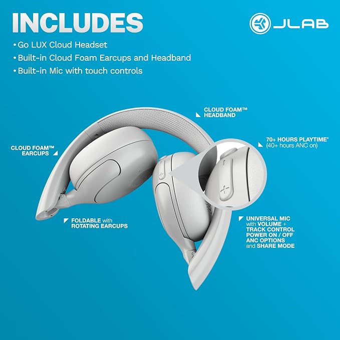 JLab, Go Lux ANC, On Ear Headphones, Active Noise Cancelling, Bluetooth MultIPoint, Cloud White