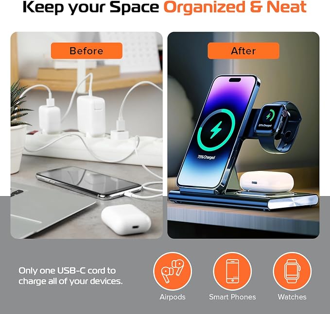Spracht Flex Charge 3-3 in 1 Charging Station, Portable Charging Station for Smartphones, Smart Watches, Earbuds – 25W Fast Wireless Charger Stand Night Light – Foldable Travel Charger 3 in 1 (Black)