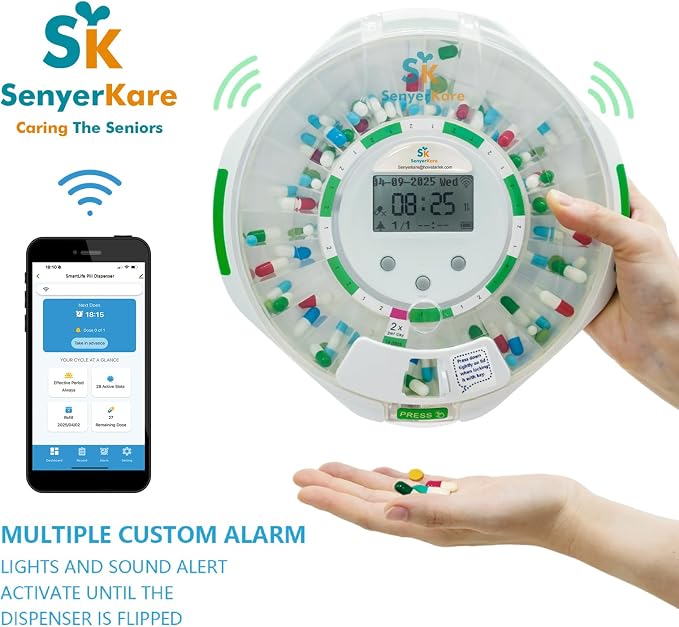 Smart WiFi Automatic Pill Dispenser with with App and Light Reminders for Seniors - Tracks Adherence History, Remote Caregiver Alerts, 28-Day Locking Medication Organizer for Vitamins, Supplements