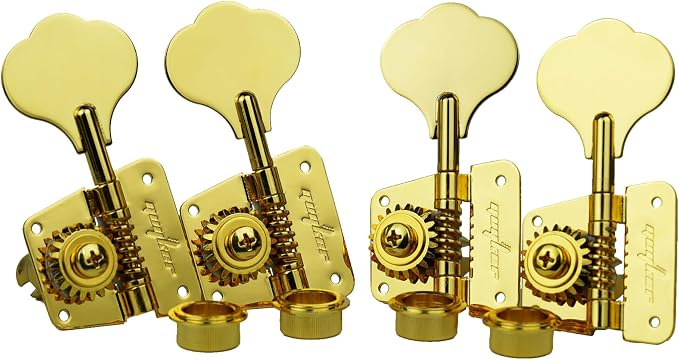 Guyker Bass Tuners (4 for Left) - 1:20 Ratio Open Gear Tuning Key Pegs Machine Head Replacement for Electric Jazz Guitar Bass or Precision Instruments - GK530 Gold