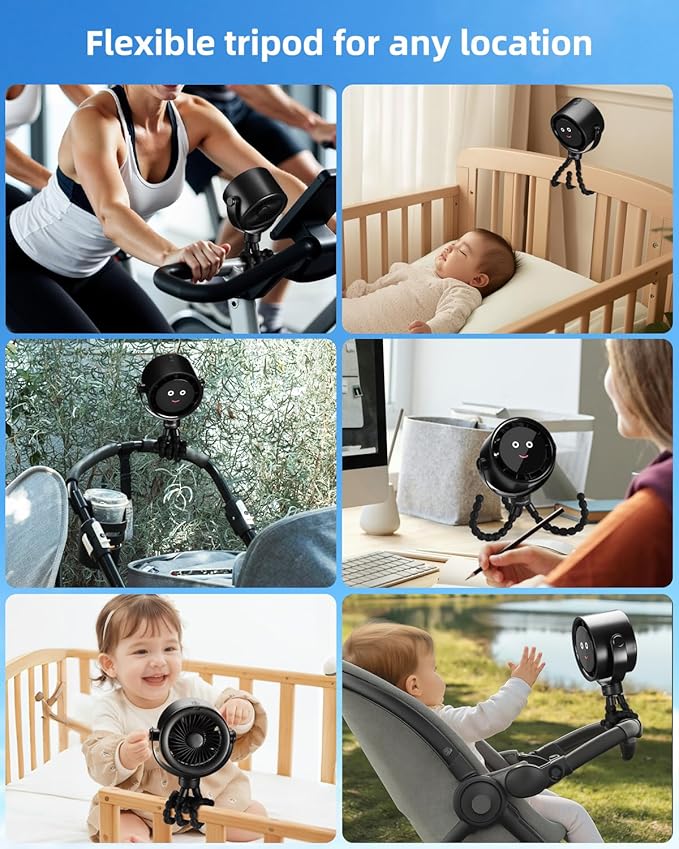 Akejrym Stroller Fan Portable, Personal Fan for Travel, Digital display, Detachable 5 Speeds Rechargeable 360° Rotate Flexible Tripod Fan, For Home Office Stroller Camping - Black