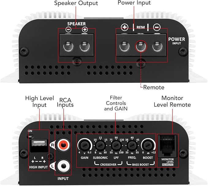 Taramps Bass 400 2 Ohms Monoblock Amplifier 400 Watts Rms 1 Channel 14.4VDC Out Power Full Range, Great for Sub/Bass - Rca/High Level Input, Car Audio