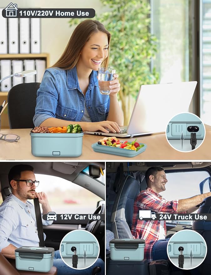 Monteka Electric Lunch Box Food Heater, New 100W High Power Portable Food Warmer, Heated Lunch Box for Adults Car/Home with 1.8L Removable Stainless Steel Container, 12V/24V/110V/220V