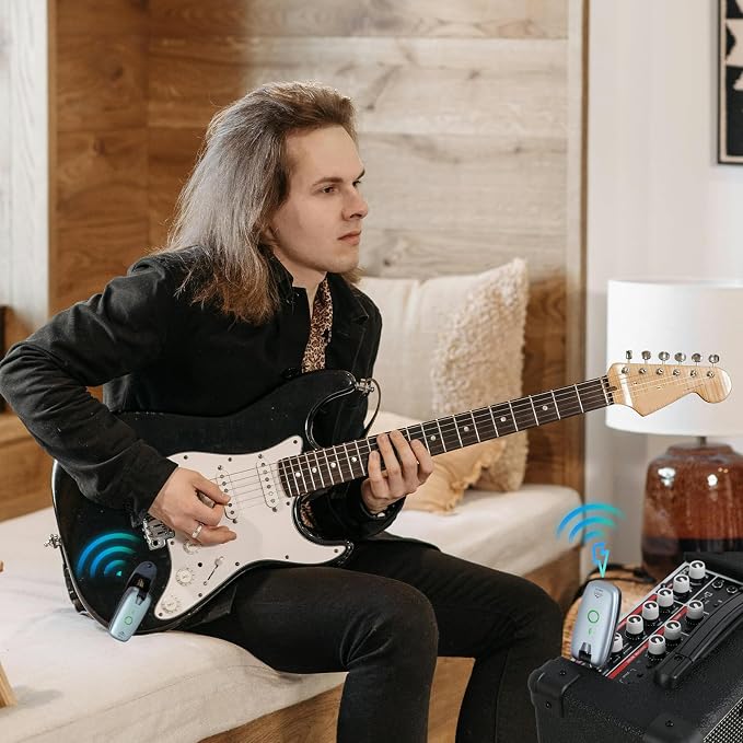 EASTROCK Wireless Guitar System, Guitar Transmitter & Receiver for Electric Guitar, Bass, Keyboard & More Instruments, 7-Channel Rechargeable, 6H Battery, 1/4” & 1/8” Plugs, Blue