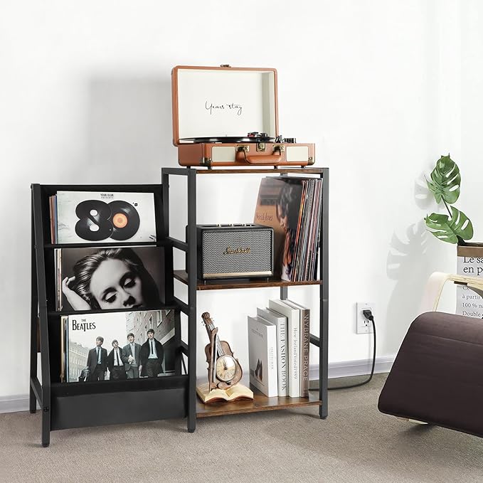 Bikoney Record Player Stand with Power Outlet, Turntable Stand with 3-Tier Vinyl Record Storage, Record Player Table Up to 200 Albums, Records Shelf, Vinyl Record Holder Cabinet for Living Room