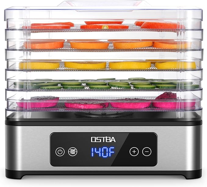 OSTBA Food Dehydrator, 5 Stainless Steel Trays, 400W Powerful Drying, 48H Timer & 95–160°F Temp Control, Quiet Small Dryer for Jerky, Fruits, Herbs, Mushrooms, BPA-Free, Recipes Included