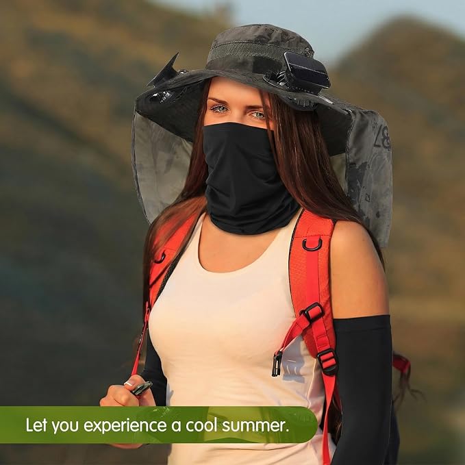 3 Pcs Solar Fan Hat with Arm Sleeves Neck Gaiter Wide Brim Sun Hat Solar Powered USB Charging for Men Women