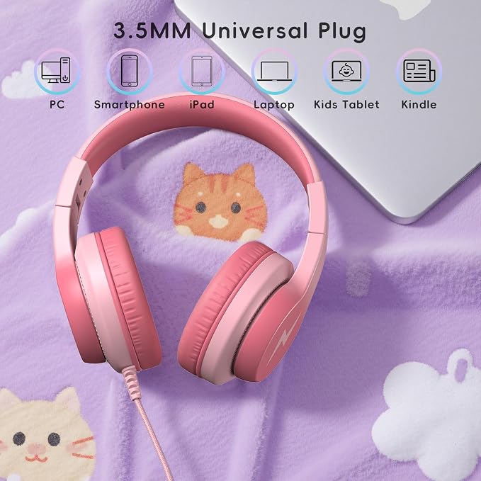 Candy Bila Kids Headphones, Wired Headphones for Kids Over Ear with Microphone, Foldable Headphone for Learning & Entertainment, Light Pink