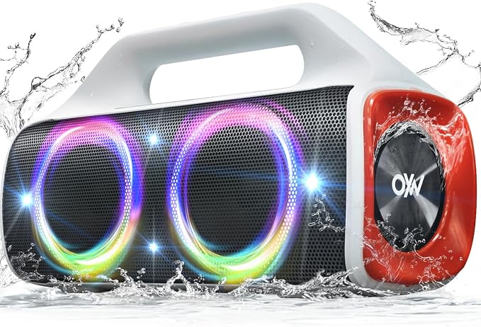IP67 Waterproof Bluetooth Speaker:80W(Peak) Loud Outdoor Portable Wireless Party Speakers with LED Lights,20H Playtime,Bluetooth 5.3,Deep Bass & TWS for Pool,Beach(White)