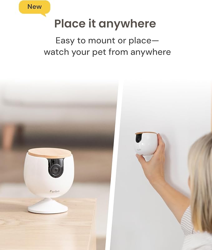 Furbo Mini Pet Camera: Basic See & Talk Features, No AI Alerts, No Subscription Required, Pet Security Cam w/Barking/Meowing Alerts, Rotating View, 2-Way Audio, Smart Home Monitoring