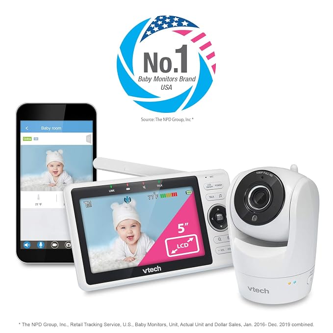 VTech Smart WiFi Baby Monitor – See Your Baby at Home or from Anywhere, Free App, 1080p Camera, 5" Screen, Pan-Tilt-Zoom, Night Vision, Two-Way Talk | VM901