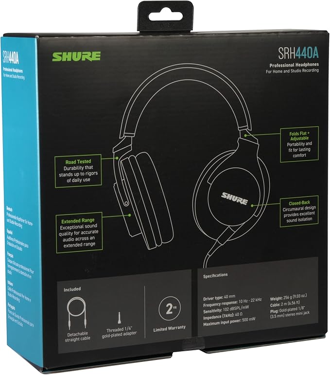 Shure SRH440A Over-Ear Wired Studio Headphones – Professional Monitoring & Recording Earphones with Accurate Frequency Response, Adjustable Collapsible Design, Black