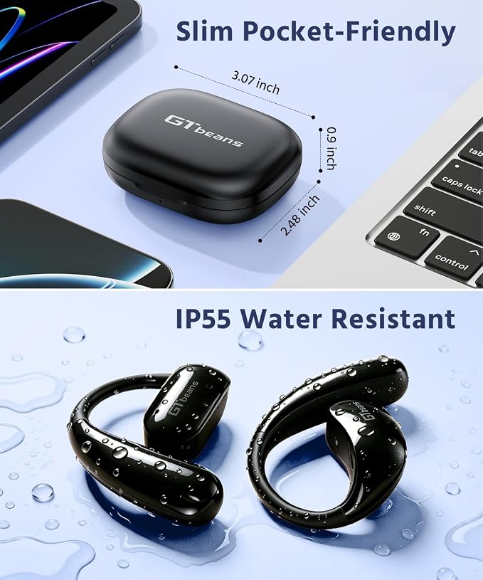 Open Ear Earbuds, Soft Earhook, 56H Playtime, Bluetooth 6.0, Bass | True wireless over ear headphones, Ergonomic fit, Powerful sound, AI clear call mic, IP55 waterproof for work, sport, Black