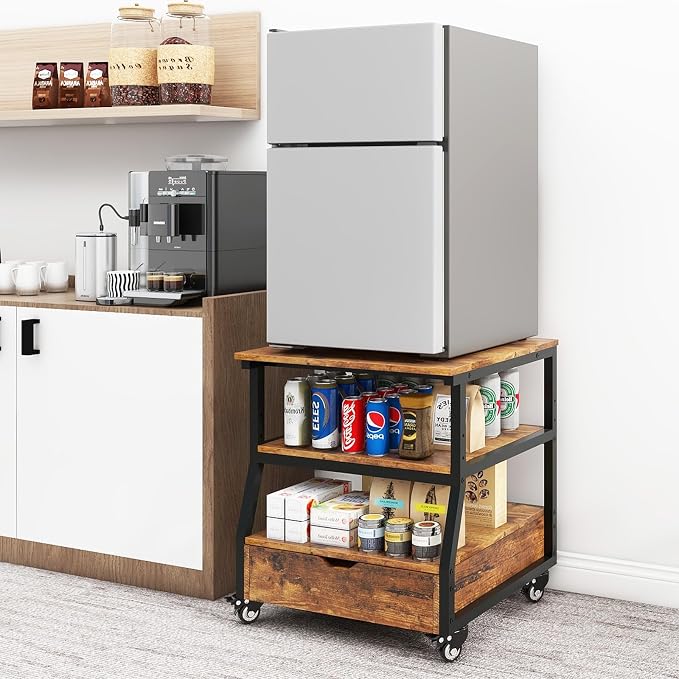 PUNCIA 23.6" x21.7" Mini Fridge Stand with Large Capacity Storage & Drawer | Heavy Duty Fridge Cart Rolling Beverage Refrigerator Table with Wheels Appliance Platform for Dorm Apartment Office Bedroom