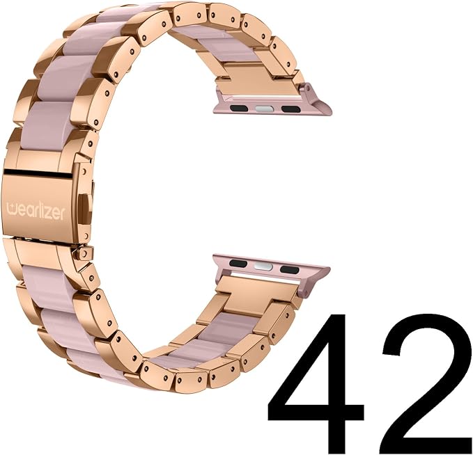 Wearlizer Compatible with Apple Watch Band 42/44/45/46/49mm Fashion Wristbands Women Stainless Steel + Resin Replacement Metal for iWatch Series 11 10 9 8 7 6 5 4 3 SE/Ultra 3 2 1-Dark Rose Gold+Pink