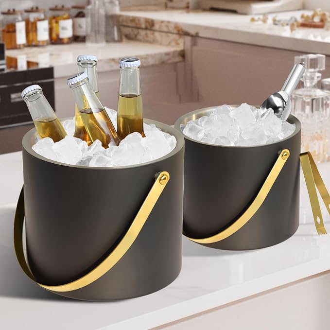 Bakpoco 4L Ice Bucket with Silicone Lid, Scoop, Gold Tongs & Strainer, Stainless Steel Double Wall Insulated Ice Buckets for Parties & Cocktail Bar Outdoor Champagne Ice Container Bin, Black