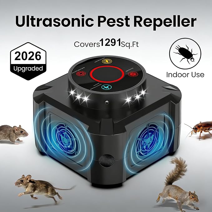Mice Repellent Indoor Squirrel Repellent for Attic Ultrasonic Pest Repeller Plug in Electronic Rodent Repellent Devices Rat Deterrent Mouse Blocker Home Indoor Use 4 Ultrasonic Modes+12 LED Lights (1)