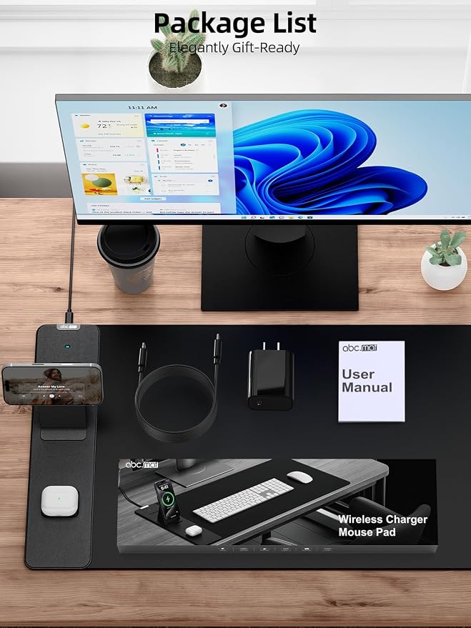 Mouse Pad with Magnetic Wireless Charging & Phone Stand, 31.5"x15.8" Large, Waterproof Smooth Surface, Non-Slip Base, with Adapter