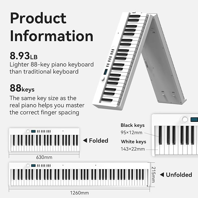 Carina Piano Keyboard, 88 Keys Full Size Semi Weighted Foldable Piano, Portable Electronic Keyboard Piano, Sustain Pedal, Keyboard Stickers, Music Stand and Piano Bag (White)