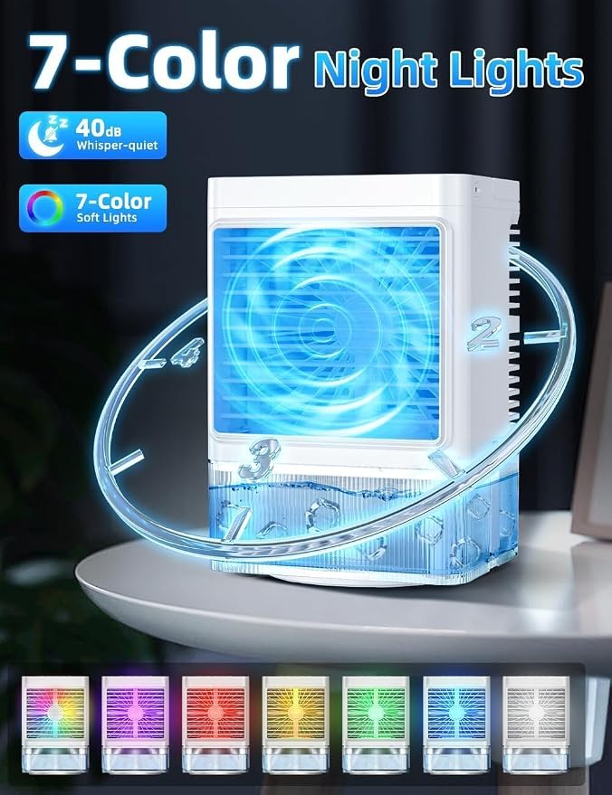 Small Air Conditioner w/ 3 Speeds&3 Modes, Remote, 1100ML Tank Humidifier, 8-Cube Ice Tray, 120ยฐ Oscillating, 4 IN 1 Portable Air Conditioners, 7-Color Light, 4H Timer Desk AC Unit for Bedroom