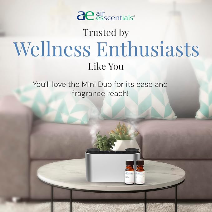Mini Duo Smart Diffuser with Santal & Green Tea Lemongrass Oils, Bluetooth App-Controlled Waterless Aroma Scent Machine Set, Dual Nozzle, Rechargeable, Covers 100 sq. ft.