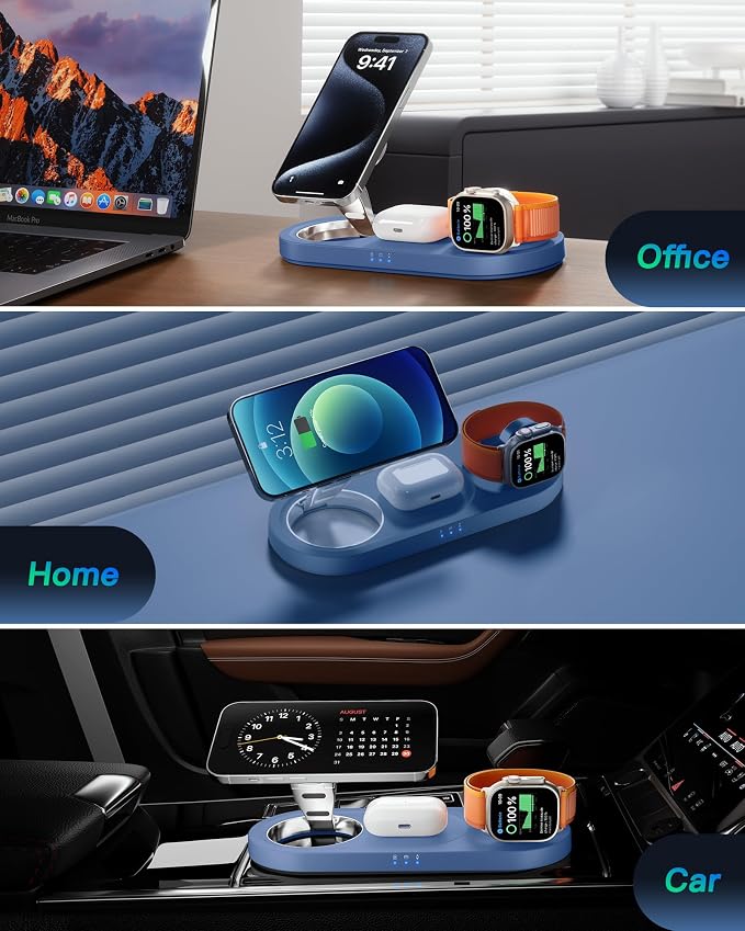 Upgraded 3 in 1 Wireless Charging Station for Apple Devices, Faster Mag-Safe Charger Stand, Magnetic Charger Station for iPhone 17/16/15/14/13/12 & AirPods Pro & Apple Watch Series (Sapphire Blue)
