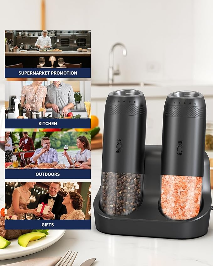 CIRCLE JOY Rechargeable Salt and Pepper Grinder Set, Gravity Sensor Electric Salt and Pepper Grinder Set with External Adjustment, 176ml Capacity and One-handed Operation, Black