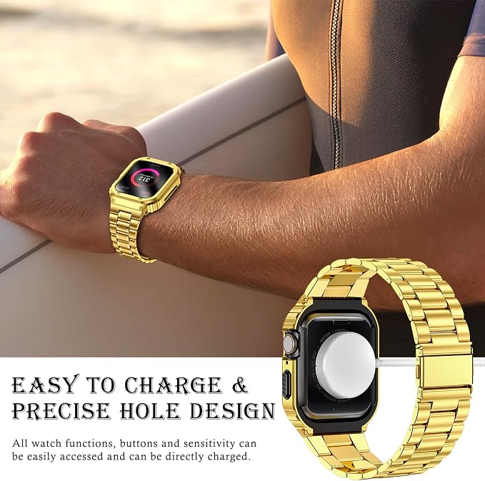 MioHHR Stainless Steel Band and Case Compatible with Apple Watch Band 45mm, Men Metal Protective Bumper Cover for iWatch Series 9/8/7, Gold