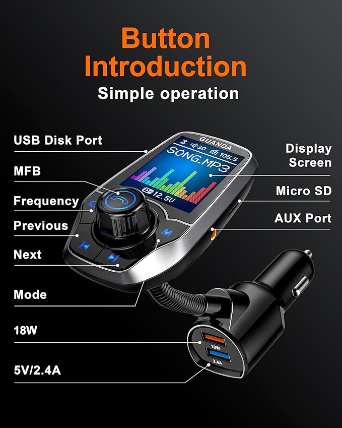Upgraded Bluetooth 5.3 FM Transmitter for Car, Wireless Radio Adapter Kit W 1.8" Color Display Hands-Free Call AUX in/Out SD/TF Card USB Fast Charging 18W for All Smartphones Audio Players - Pewter