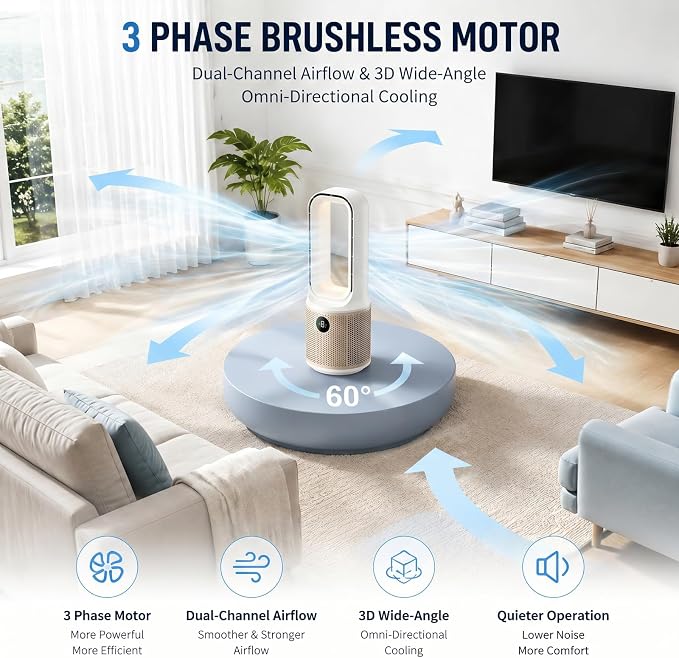 13.5" Bladeless Desk Fan, Quiet USB Rechargeable Portable Fan with 9 Speeds, 60° Oscillation, 1-9H Timer & 3-Level LED Night Light, Personal Cooling Fan for Bedroom, Office Desktop, Child & Pet Safe