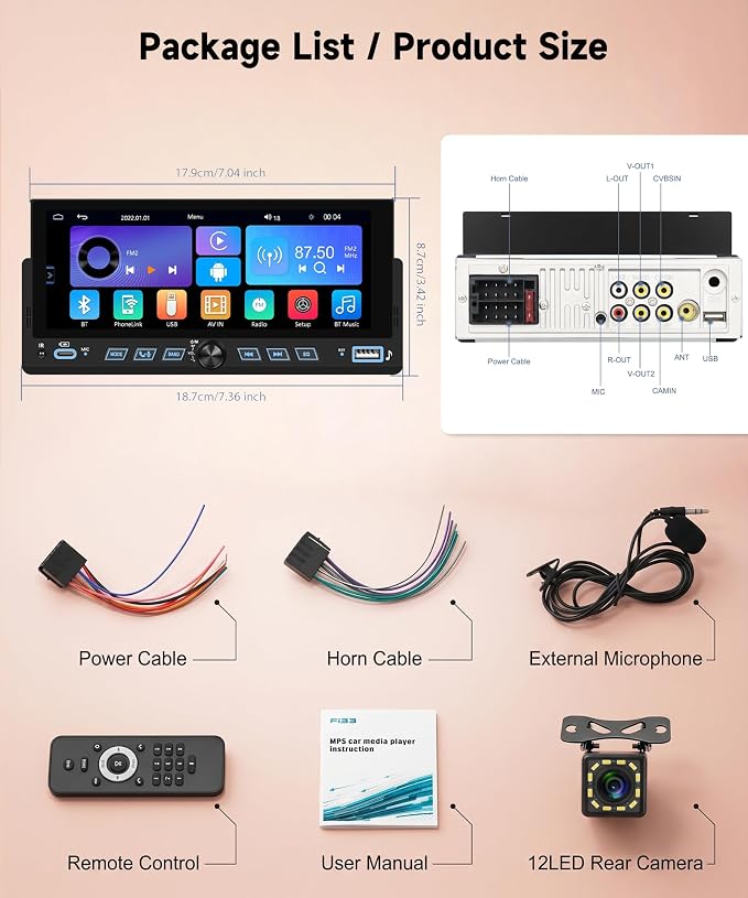 Single Din Car Stereo Wirelsss Carplay Android Auto, 1 Din Head Unit Bluetooth Backup Camera, 6.86" HD Touchscreen Radio, FM EQ USB-Type-C, Mirror Link SWC, Voice Control, Car Stereo Receivers