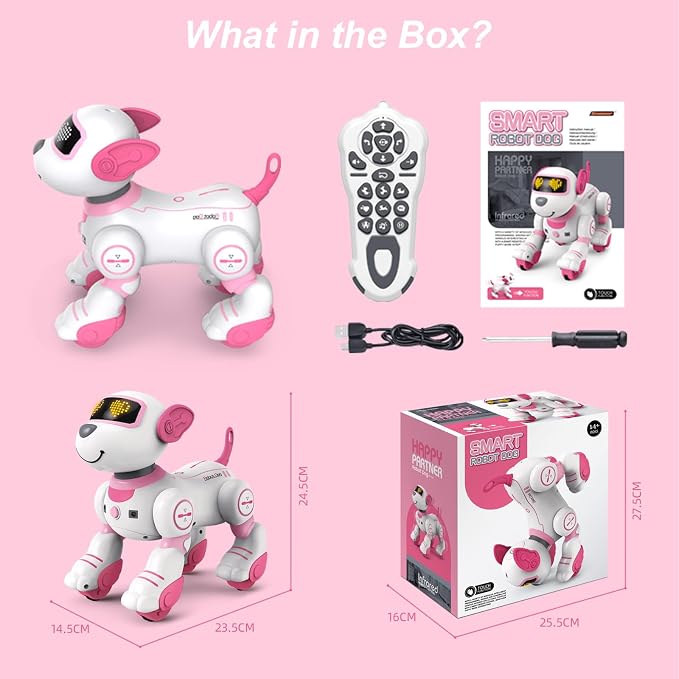 Robot Puppy Dog, Robot Puppy with Dance, Music, Light Effects, Interactive Programmable Intelligent Remote Control Dog AI Toys for Teens Adults Chrismas Birthday (Pink)