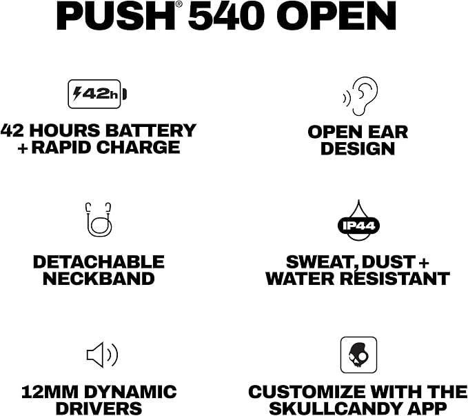 Skullcandy Push 540 Open Wireless Open-Ear Bluetooth Earbuds, Headphones, Sweat and Water Resistant, 42 Hours Battery, Detachable Neckband, Secure Fit, Microphone for iPhone Android - Bone