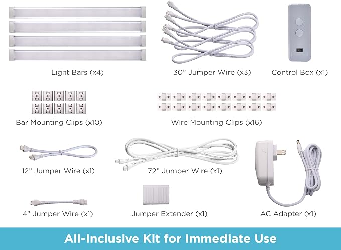 PureOptics LED Under Cabinet Light Kit, Motion Sensor, Dimmable, Linkable, 3 Color Settings, Tool-Free, for Kitchen, Cabinets and Closets, (4) 9" Bars