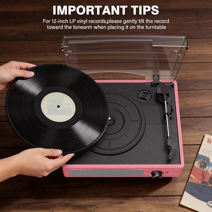 Vinyl Record Player with 2 Stereo Speakers Belt-Driven Vintage Turntables 3 Speed 3 Size Wireless Bluetooth Playback AUX-in RCA Out Headphone LP Vinyl Players Auto Stop Dusty Rose