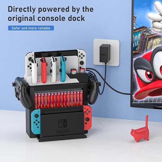 Switch Game Storage with Controller Charger for Nintendo Switch & OLED Model, MLIFEMFUL Switch Charging Dock Charges 6 Joycons, Switch Gaming Accessories Holder Desk, Switch Game Gift Card Organizer
