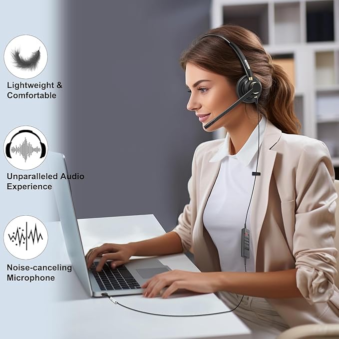 Arama USB Headset with Microphone for PC, Computer Headset with Microphone, Noise Cancelling Adjustable Volume Control Lightweight, for Laptop Business Skype UC Webinar Call Center Office