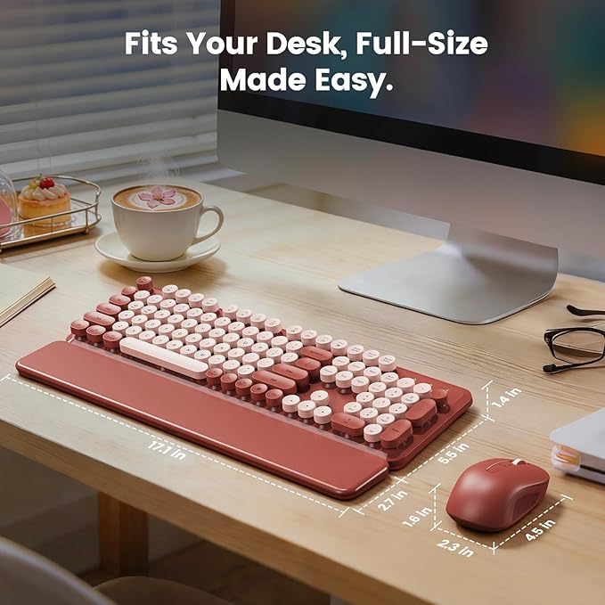 Wireless Keyboard and Mouse Combo with Magnetic Wrist Rest, Round Keycaps, Full-Size Retro Typewriter-Style Keyboard, Two-Stage Tilt Legs, Auto-Sleep, 2.4GHz Wireless for Windows PC Laptop, Wine Red