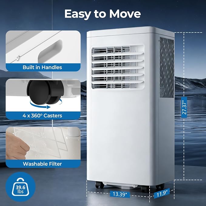 COWSAR 8,000 BTU Portable Air Conditioner | Cools Up to 350 Sq.Ft, 4-in-1 AC with Remote, LED Display & 24H Timer, Complete Installation Kit, White