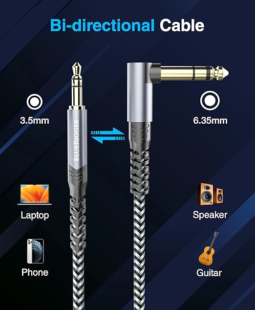 BlueRigger 6.35mm to 3.5mm Audio Cable (10FT, 90 Degree Bi-Directional, 6.35mm 1/4" Male to 3.5mm 1/8" Male TRS, Right Angled Braided Stereo Audio Cable for Cellphone, Amplifiers, Guitar, Speaker