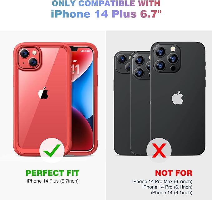 Diaclara Designed for iPhone 14 Plus Case, Full Body Rugged Case with Built-in Touch Sensitive Anti-Scratch Screen Protector, with Camera Lens Protector (Red and Clear)