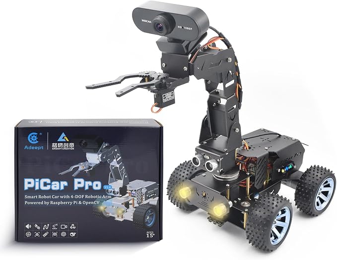 Adeept PiCar Pro V2 Robotics Kit(Raspberry Pi NOT Included), Smart Car with 4-DOF Robotic Arm for Pi 5/4/3, 1080P HD Camera, OpenCV, Obstacle Avoidance, Line Tracking, USB-C Charging, Digital Tutorial