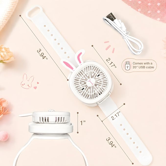 Personal Fan with Wrist Strap - Battery Operated, USB Rechargeable Fan Portable, LED Lights, 3 Adjustable Speed - Portable Fans for Kids Children Boys Girls Indoor Outdoor (White)
