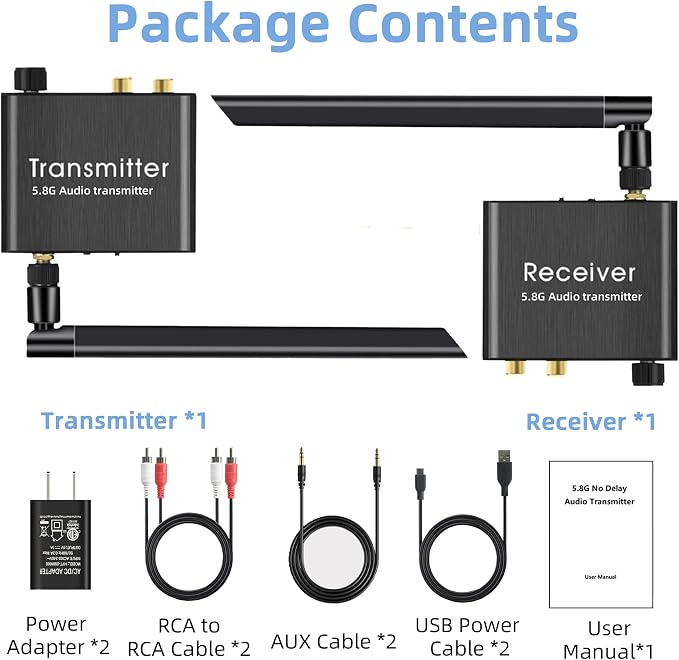 5.8GHz Wireless RCA Audio Transmitter Receiver for TV Pojector,164Ft,9ms Latency, Volume Contral Knob, Used for TV Pojector to Activer Speaker Soundbar AMP